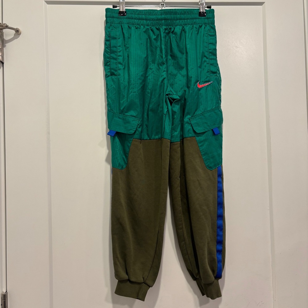 Nike Mens Mixed Media Cargo Pants Green Ripstop Olive Fleece Joggers Size M